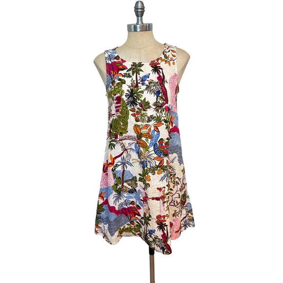 Nicole Miller Sleeveless A-Line Dress With Vibrant Tropical Print 100% Linen XS - Picture 1 of 7